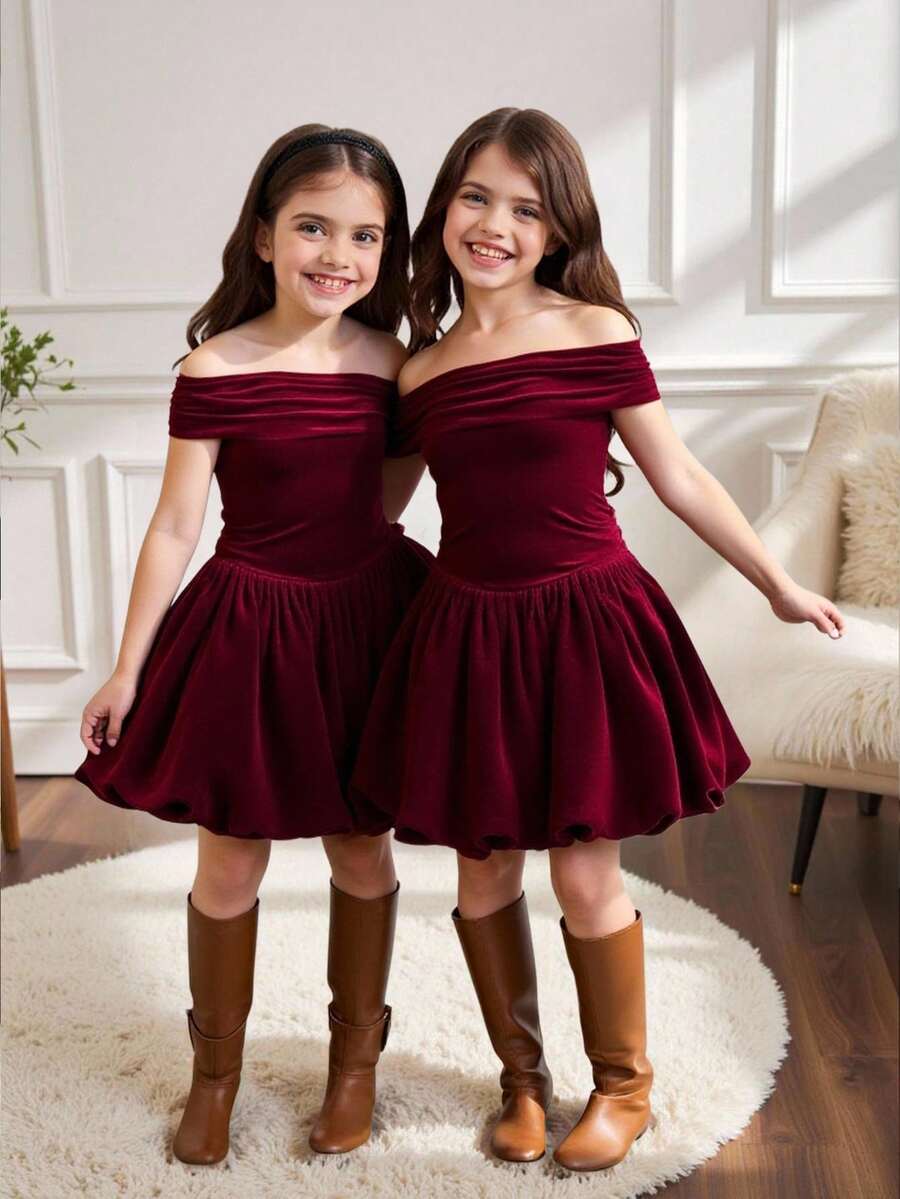 SHEIN Tween Girls Elegant Contrast Color Splice Asymmetric Neck Ruched Puff Skirt Hem 2 In 1 Dress, Velvet Casual Dress Suitable For Autumn/Winter, Halloween, Christmas, New Year Party, Graduation, Burgundy - Burgundy - View 1