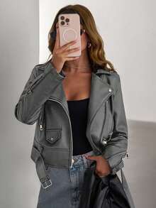 SHEIN Zip Up PU Belted Detailed Leather Moto Jacket, For Autumn/Winter - Grey - View 7