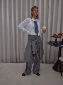 MUSERA قميص ملفوف متداخل مع تفاصيل ربطة عنق، بنطلون بساق واسعة، ملابس الشارع، جميلة، أنيقة، كاجوال، جذابة، للخروج، خريفية، شتوية، لأعياد الميلاد والشكر