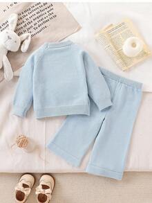 SHEIN Vintaside Kids Baby Girls 2pcs Sweater Co-Ord Set - Knitted Long Sleeve Pullover Sweater With Rabbit Jacquard Pattern & Bow Accent + Wide Leg Knit Pants, Fashionable & Cute Outfit For Autumn/Winter, Suitable For Casual, Home, Travel, School Baby Set Autumn Winter Season Baby Knitted Set Baby Girl Warm Sets Baby Two Piece Set Knit Two Piece Toddler - Blue - View 2