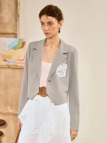 Franclia 女士优雅蕾丝拼布长袖短款灰色西装外套，春秋装 - 灰色 - 查看 7