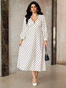 Roveilla 大码波尔卡圆点V领束腰复古连衣裙 - 杏色 - 查看 3