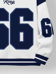 SHEIN Tween Boy Casual Loose Comfortable Baseball Culture Patchwork Pattern, Digit 66 & King Text Graphic Print Long Sleeve Hoodie, Suitable For Autumn/Winter