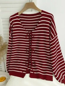 Comfortcana Cardigan Longgar Bergaris Kasual Wanita Ukuran Besar, Model Ikat Pinggang, Musim Gugur/Dingin - Red and White - View 4