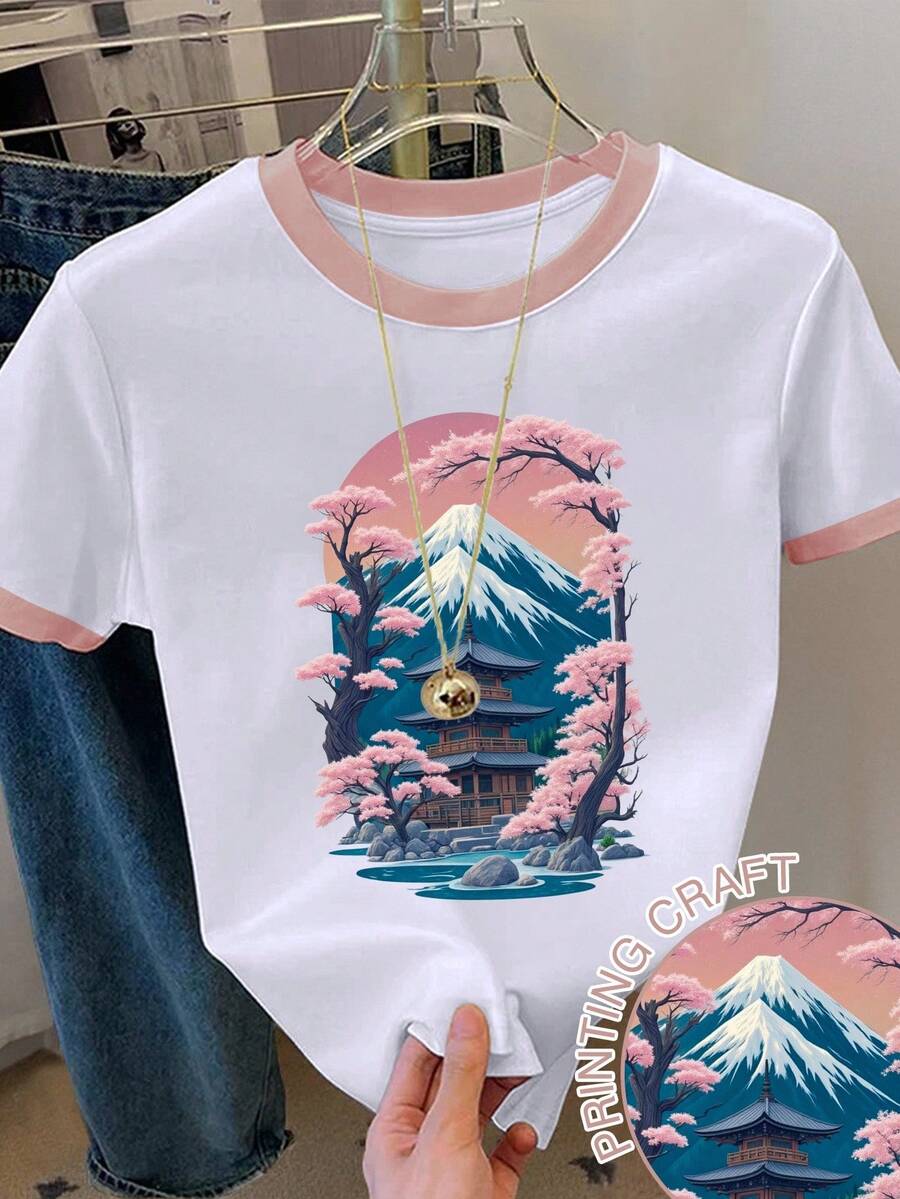 SHEIN 女式休闲度假风格 Mount Graphic Ringer 短袖 T 恤 - 白色 - 查看 1