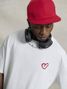 PAVTROS 男士夏季字母和心形印花圆领休闲短袖 T 恤，街头装，适合说唱歌手，适合外出 - 白色 - 查看 4