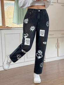 SHEIN EZwear 女式字母和笑脸印花口袋休闲锥形牛仔裤 - 黑色 - 查看 4
