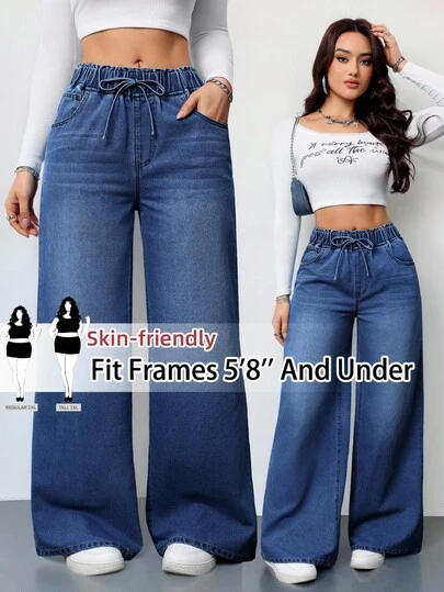 SHEIN Tall CURVE Plus Size Women Belted Pocket Wide Leg Loose Casual Jeans