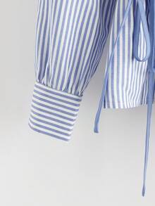 Franclia Fashionable And Versatile Blue And White Striped Colorblock Round Neck Open Cardigan Frill Ruffles Pleated Drawstring Waist Long Sleeve Open Cardigan ShirtAutumn, Winterautumn Fall Clothes For Women Winter Winter Clothes National Day New Year Going Out Tops For Women Graduation Elegant Fashionable Casual Commuting Business Office Daily Leisure All-Match Temperament Urban Teacher Professional Attire