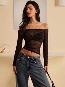 Lyxana Women's 2025 New Fashionable Minimalist Mesh Rhinestone Decor Sexy Long Sleeve Top - Black - View 4