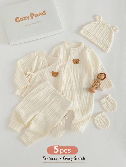 Cozy Pixies Newborn Baby Unisex Casual Solid Color Comfortable Gift Set (Romper + Top + Pants + Hat + Mittens), Neutral Infant Clothing Set, Newborn Unisex Baby Gift Set, Unisex Newborn Outfit Set