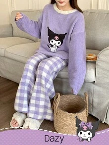 HELLO KITTY AND FRIENDS | SHEIN 女士冬季半羊毛针织卡通刺绣上衣和格子提花裤宽松睡衣套装，秋装 - 紫色 - 查看 4