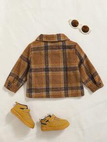 Playful Pals 1pc Baby Boys' Lapel Long Sleeve Plaid Retro Khaki Shirt Jacket,Korean Casual Fleece Thickened Brushed Cotton Teddy Pocket Autumn Airport Outings - Khaki - View 2