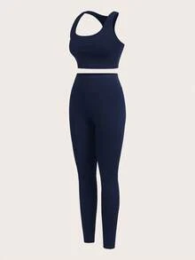 SHEIN Essnce Women's 3 Pieces Tracksuit Set, Ribbed Mock Neck Partial Zip Long Sleeve T-Shirt, Sports Bra Camisole, High Waist Leggings, Women's 3 Pieces Set, Leggings And Bustiers And Overalls - Navy Blue - View 5