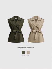 Ontre 二合一女士办公服、婚礼宾客服、生日装、教师制服、夜店装、秋冬休闲翻领系带无袖外套、复古纯色休闲街头风、新年装 - 卡其色 - 查看 8