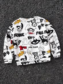 Paul Frank X SHEIN Tween Girl Fall/Winter Cartoon&Letter Graphic Oversize Pullover Sweatshirt,White With Black Polka Dots,Autumn,Streetwear,School,Back-To-School,Thermal - White - View 2