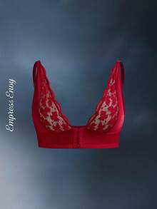 SHEIN 前开式无钢圈蕾丝文胸，舒适加大码文胸 - 酒紅色 - 查看 6