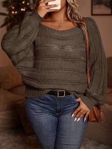 SHEIN LUNE Áo len dệt kim dáng rộng tay dài lệch vai màu trơn cỡ lớn cho nữ, mùa thu - Cà phê nâu - Xem 7