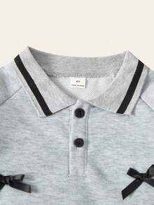 2pcs/Set Girls Casual Outfit, Bow Polo Shirt And Black Pleated Skirt, School Style Fall Winter