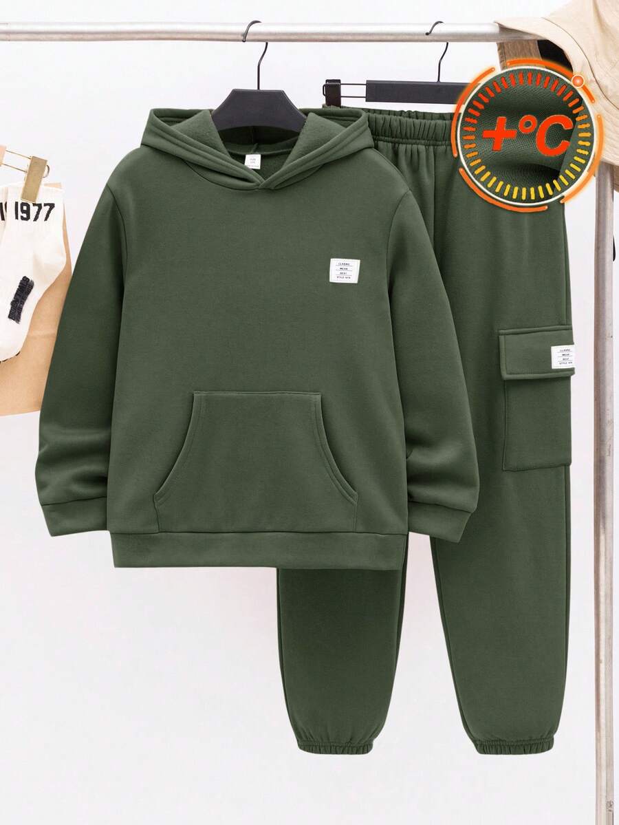 SHEIN 2 件套青少年男孩服装套装:连帽运动衫和慢跑裤,经济实用,适合上学、通勤、日常休闲、运动 - 軍綠色 - 查看 1