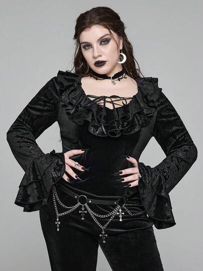 Goth Chemise texturée en velours plissée avec col à double volant et cravate, grande taille. Blouse plissée en velours texturé noir à manches évasées, grande taille, pour l'automne/hiver