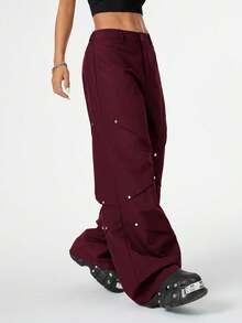 Coolane 女士街头休闲拼布铆钉褶裥裤 - 酒紅色 - 查看 4
