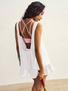 VARSIVA Women's Loose Sleeveless Ruffle Hem Backless Sports Dress - White - View 4