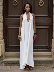 Yess Loren 2025 春夏新款白色纹理深 V 领露背连衣裙，适合音乐节、复活节、圣帕特里克节、西部、游牧、生日、毕业典礼、校园、日常穿着、休闲、度假、邮轮旅行、海滩、日光浴、病毒式、街头服饰、婚礼宾客波西米亚风、通勤、早午餐、机场 - 白色 - 查看 4