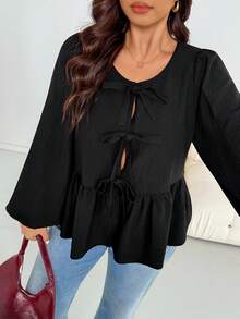 SHEIN Essnce 大码女装时尚休闲舒适日常纹理面料修身黑色蝴蝶结长袖衬衫，女士衬衫，外出上衣，工作上衣，母女装，曲线可爱上衣春季款 - 黑色 - 查看 6