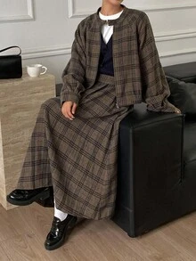 DAZY Women's Casual Vintage Plaid Loose Stand Collar Long Sleeve Jacket & Pleated Skirt Woolen 2-Piece Set, Autumn/Winter - Grey - View 7