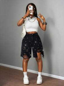 Slaydiva Quần short denim nữ cạp thấp, rộng rãi, rách 5 điểm, họa tiết kim cương Bermuda / Quần short denim xanh nhạt / Quần áo nữ mùa thu / Trở lại trường / Quần áo đồng quê nữ / Quần áo hòa nhạc đồng quê / Quần áo nữ cổ điển / Quần áo đi chơi / Quần áo sân bay nữ / Trang phục đường phố nữ / Quần áo nữ phong cách Y2K - màu đen - Xem 6