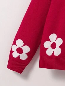 Sparklyn Áo len đỏ thời trang cho bé gái tuổi teen, Áo chui đầu dệt kim jacquard họa tiết hoa hướng dương màu hồng, Áo len cổ tròn tay dài họa tiết hoa, Áo len ôm dáng mặc hàng ngày, Thích hợp cho Giáng sinh, Thu/Đông - Màu Đỏ Sâu - Xem 3