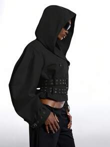 LYSMO 2025新款极简主义秋季女式黑色时尚夸张设计超大连帽长袖夹克飞行员夹克，适合万圣节装扮、商务休闲、返校季、Y2K风格、街头哥特风披风等场合，温暖舒适，适合秋冬季穿着。 - 黑色 - 查看 7