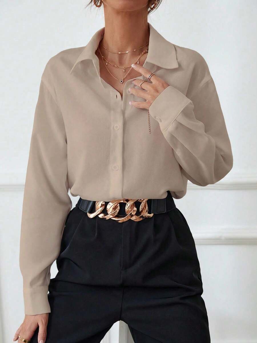 RosyDaze Women's Solid Color Drop Shoulder Long Sleeve Single-Breasted Casual/Work Shirt