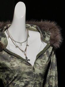 SHEIN ICON 女士复古迷彩毛绒常规夹克 - 軍綠色 - 查看 7