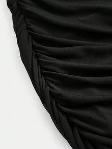 Firerie Kids Firerie Kids Tween Girls Black Solid Color Round Neck Long Sleeve Mesh Mini Snug Fit Ruched Dress, Autumn/Winter Mesh Dress Women Long Sleeve Dress Bodycon Dress Black Dress Long Sleeve Dress - Black - View 4