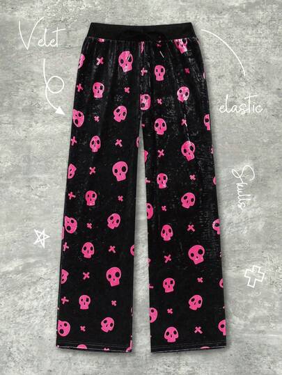 Shutterstock Y2Kool Pantalones casuales de terciopelo con estampado de esqueleto en contraste negro y rosa, de corte holgado, adecuados para Halloween, vacaciones, fiestas, uso diario, combinación de otoño/invierno, colección de ropa gráfica con estilo, nuevos atuendos de Año Nuevo