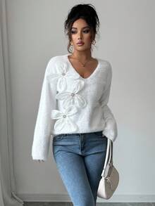 SHEIN Elenzya V-Neck Long Sleeve 3D Pearl Flower Women Sweater - Beige - View 3