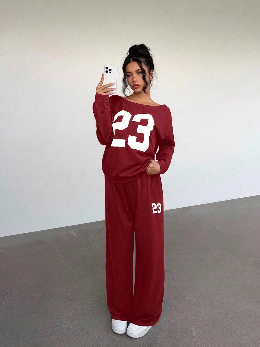 Aloruh Women's Casual 2 Pieces Set: Numeric Print Drop Shoulder Long Sleeve Sweatshirt And Pants, Autumn,Cozy Fall And Winter Clothes For Women - Burgundy - View 1