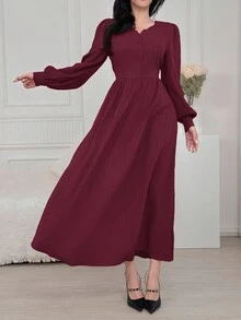 Modelyn Vestido de mujer elegante de unicolor con mangas de farol - Burdeos - Ver 2