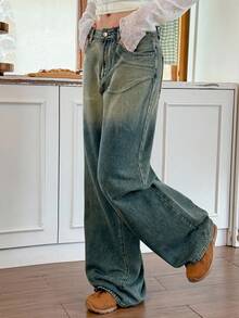 Rivivi 女式休闲阔腿直筒纽扣口袋牛仔裤 - 藍色 - 查看 3