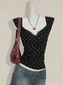 SHEIN ICON Women's Sexy Millennial Style Y2K Young Fashion Black Background White Polka Dot Sweetheart Neckline Splicing Lace Lace Open Back Slim Knit T-Shirt - Multicolor - View 1