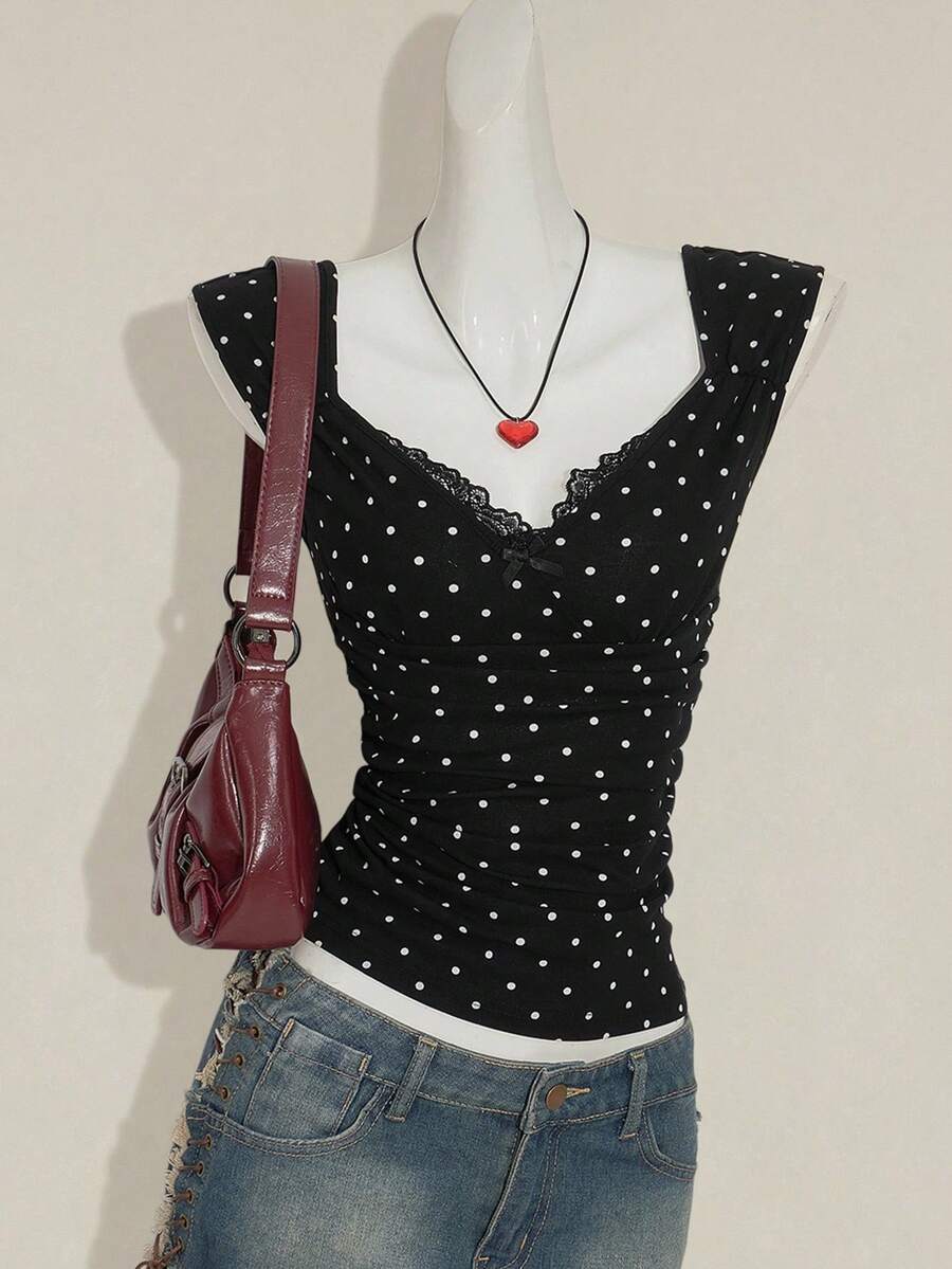 SHEIN ICON Women's Sexy Millennial Style Y2K Young Fashion Black Background White Polka Dot Sweetheart Neckline Splicing Lace Lace Open Back Slim Knit T-Shirt - Multicolor - View 1