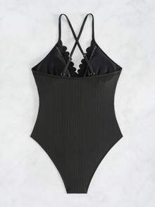 Swim Basics Beach Outfits For Women Vacation Knitted Solid Small Rib Hollow Petal Design One-Piece Swimsuit For Summer Beach Vacation - Black - View 5