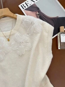 SHEIN Frenchy Áo len 3D họa tiết hoa lưới đính sequin dành cho nữ - Màu be - Xem 3