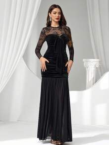 Coutiva Women's Contrast Lace Long Sleeve Twist Front Ruched Fitted Elegant Evening Gown,Sequin And Pearl Cuff Design,Formal Party Dress For Wedding Guest - Black - View 6