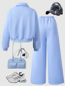 Sparklyn 2 件套青少年女孩休闲长袖印花上衣和宽松长裤套装，适合日常休闲穿着 - 藍色 - 查看 2