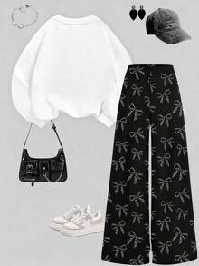 1 Set Conjunto de ropa personalizada de unicolor para niña preadolescente, conjunto informal de sudadera con estampado de leopardo y lazo gráfico con pantalones rectos, conjunto de 2 piezas cómodo de otoño/invierno para niñas