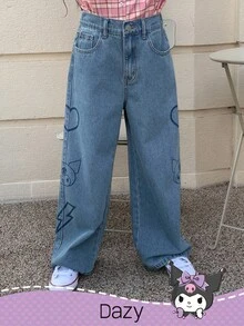 DAZY HELLO KITTY AND FRIENDS | SHEIN Tween 女童休闲心形和卡通图案斜口袋牛仔裤 - 藍色 - 查看 4