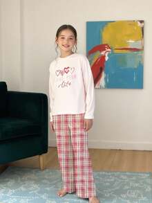 2pcs Girls' Casual Heart Pattern Plaid Print Long Sleeve Top And Pants Loungewear Set Girls Pajama Set Cute Pjs Set Girls Lounge Set Plaid Pajama Set Girls Pajamas Fall Winter - Multicolor - View 1